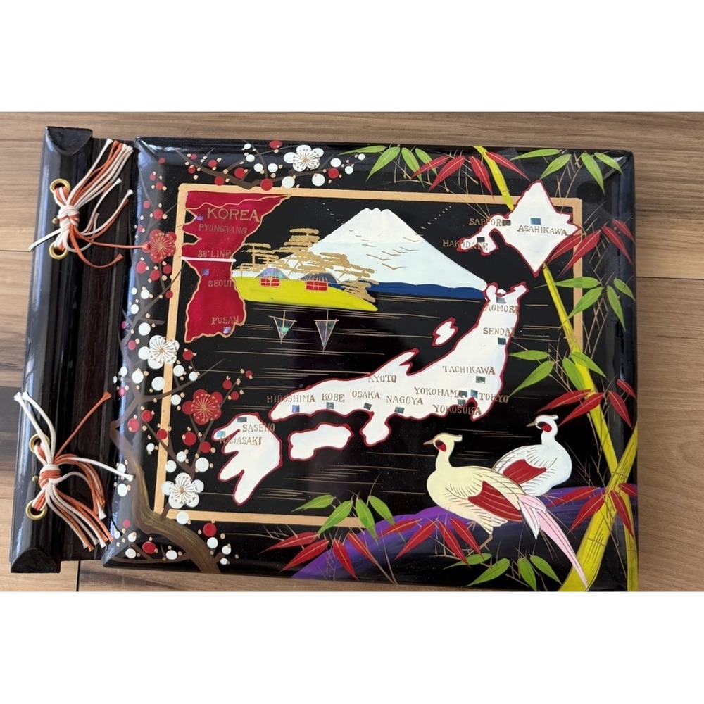 Vintage Japan Korea Lacquer Photo Album Mt Fuji Map Military Travel Souvenir